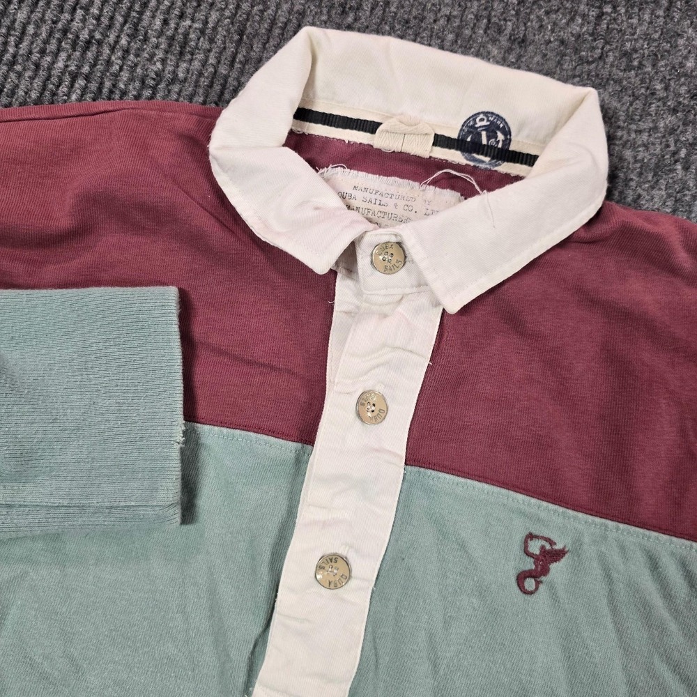 Quba Sails Polo Shirt Mens Large Green Maroon Stripe Rugby Cotton Long Sleeve